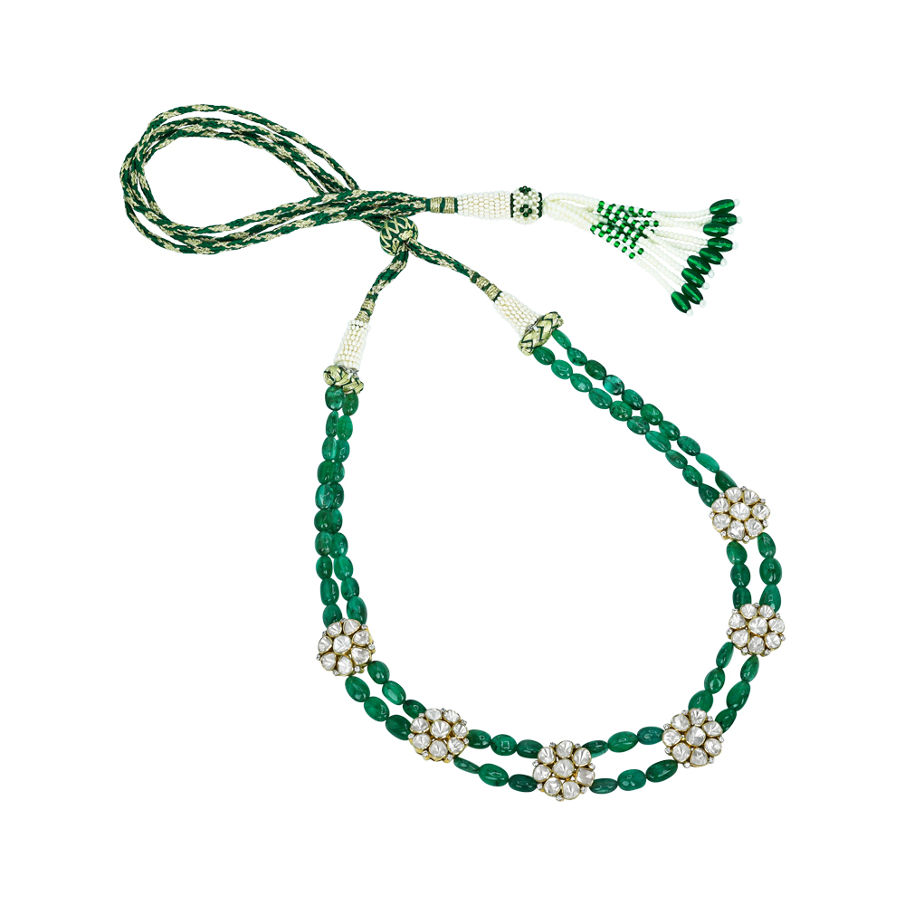 Double-Strand Emerald Bead Necklace with Polki Clusters